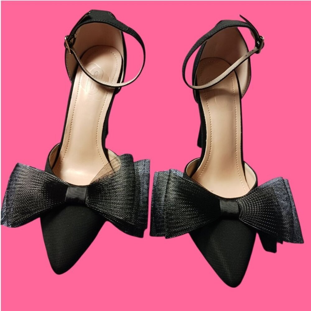 Pointed Toe Heels With Tulle Bow Detail & Ankle Strap Elegant Womens  Size 37